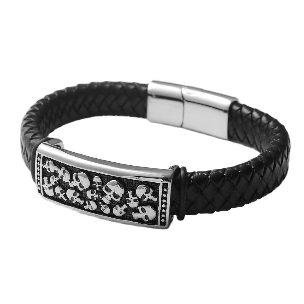 Men's Personalized Punk Titanium Steel Skull Leather Bracelet - Braided Design