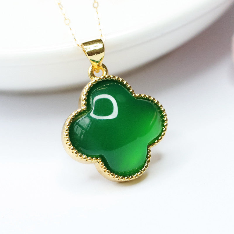 Green Chalcedony Four-leaf Clover Pendant Golden Neckalce Jewelry