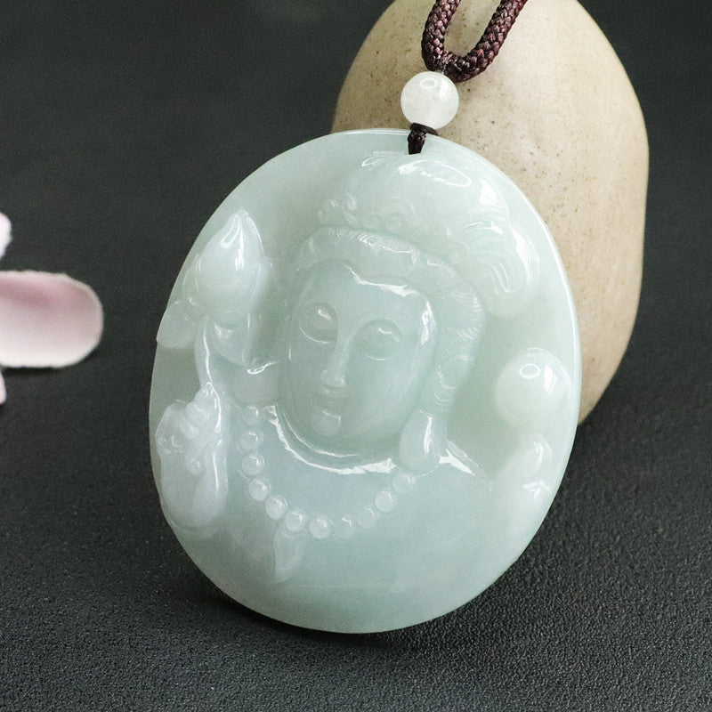 Enchanting Natural Jade Guanyin Avatar Sterling Silver Pendant