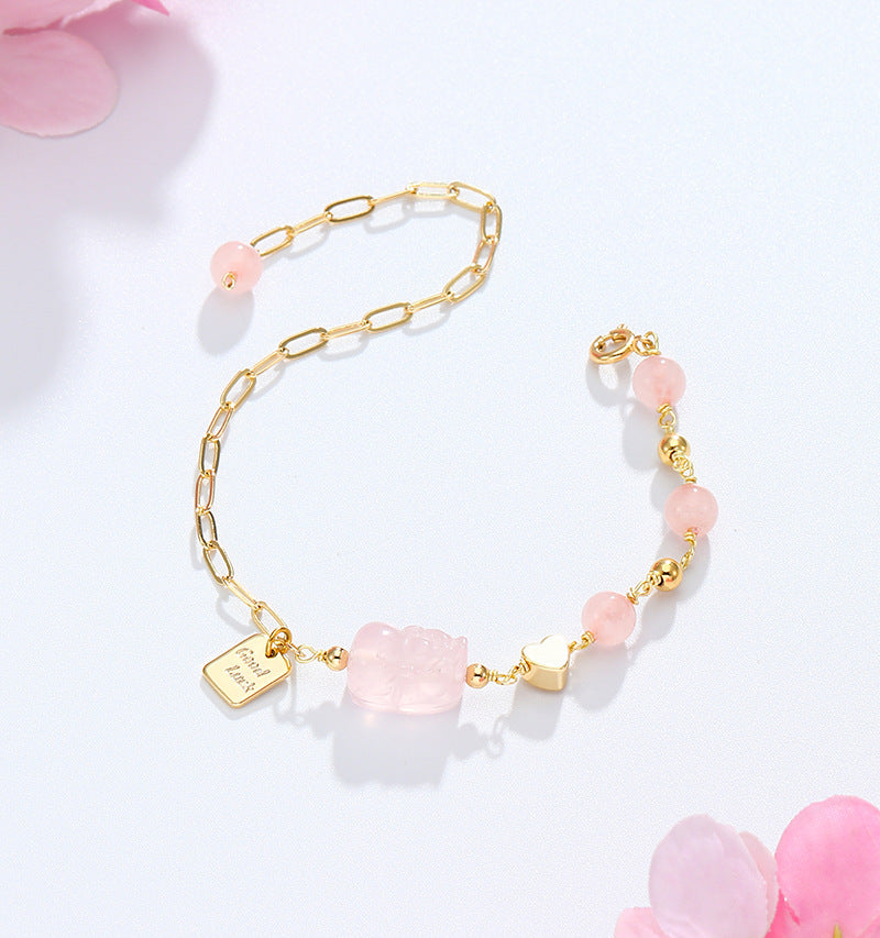 Korean Edition Pink Crystal Bracelet with Pixiu Love Symbol