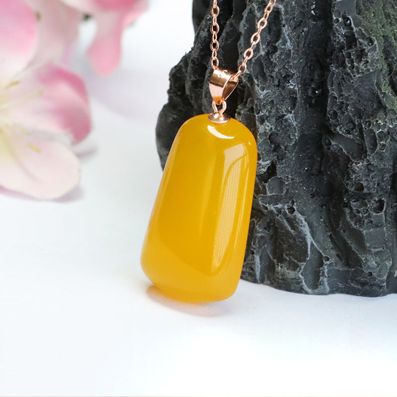 Sterling Silver Necklace with Yellow Chalcedony Trapezoid Pendant in Rose Gold