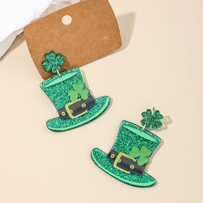 St. Patrick's Festival Customized Fashion Earrings International Chic Oversized Green Hat Shamrock Women's Earrings