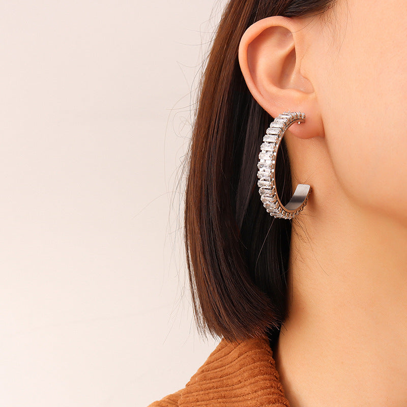 Luxurious Titanium Steel Earrings with Exaggerated Zircon Detail