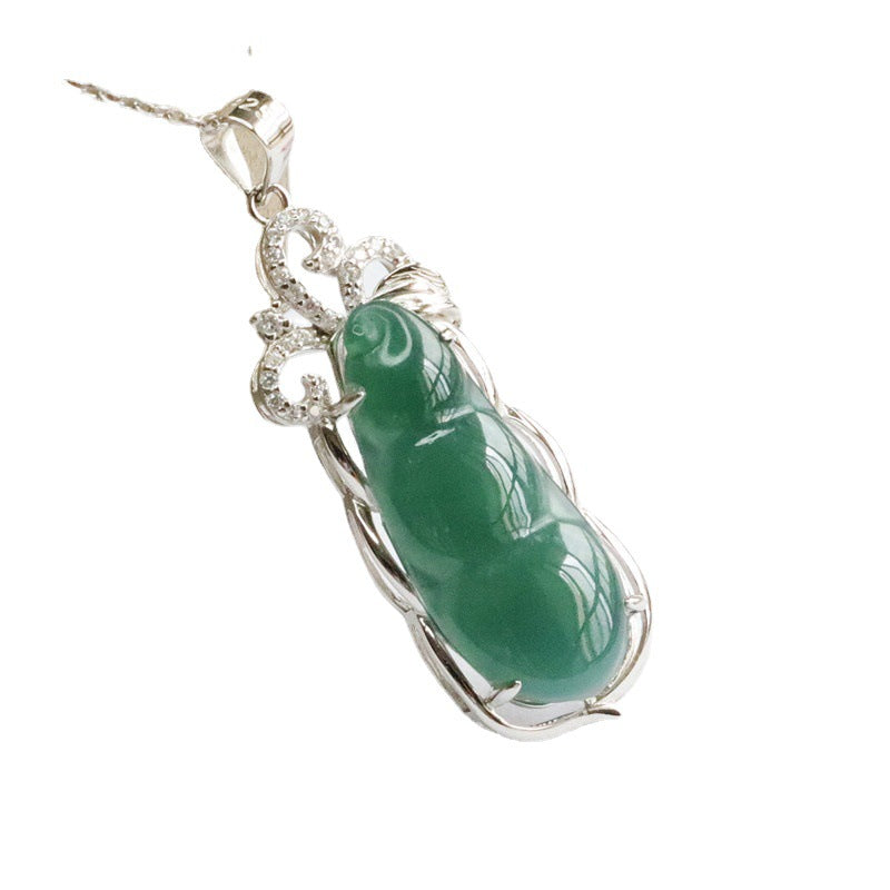 Ice Blue Green Beans Sterling Silver Necklace with Jade Pendant