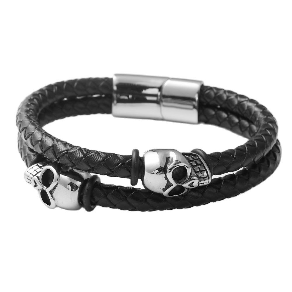 Titanium Steel Skull Bracelet for Men - Personalized Punk Leather Braided Design