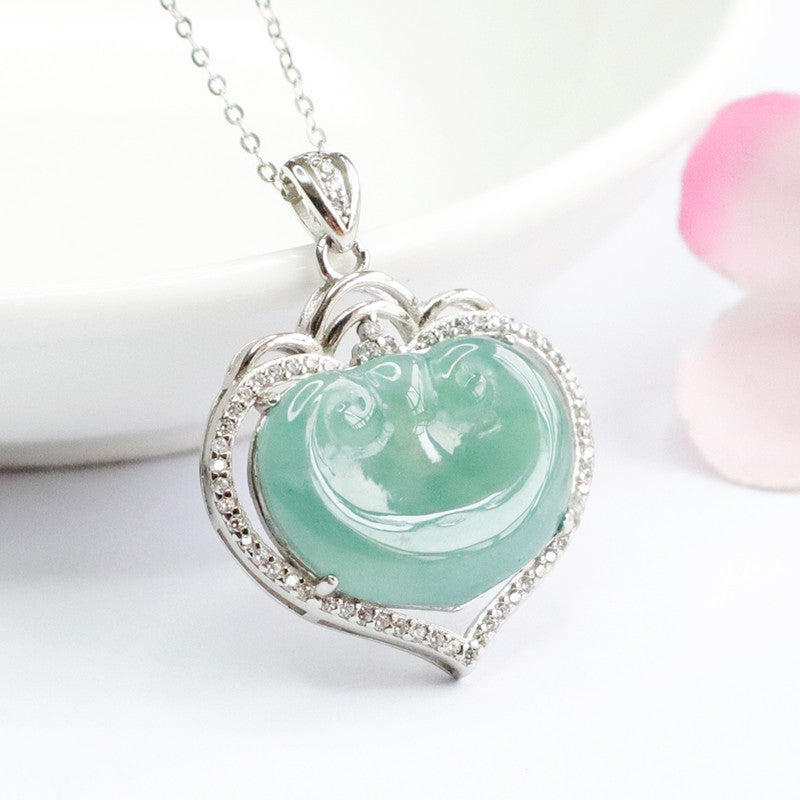 Ice Blue and Green Jade Sterling Silver Ruyi Hollow Love Zircon Necklace