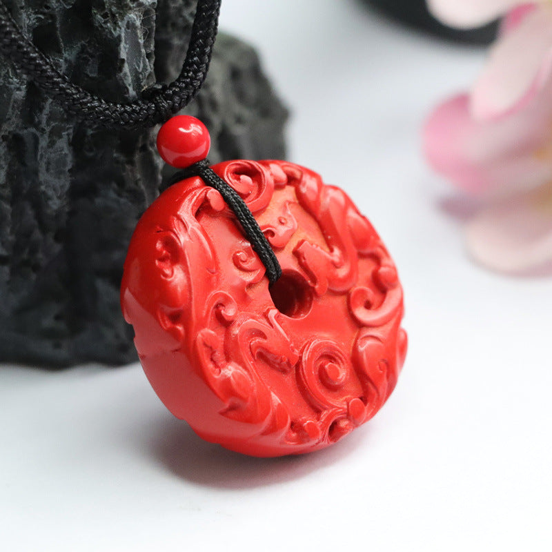 Cinnabar Double-sided Carved Ancient Dragon Safety Buckle Pendant