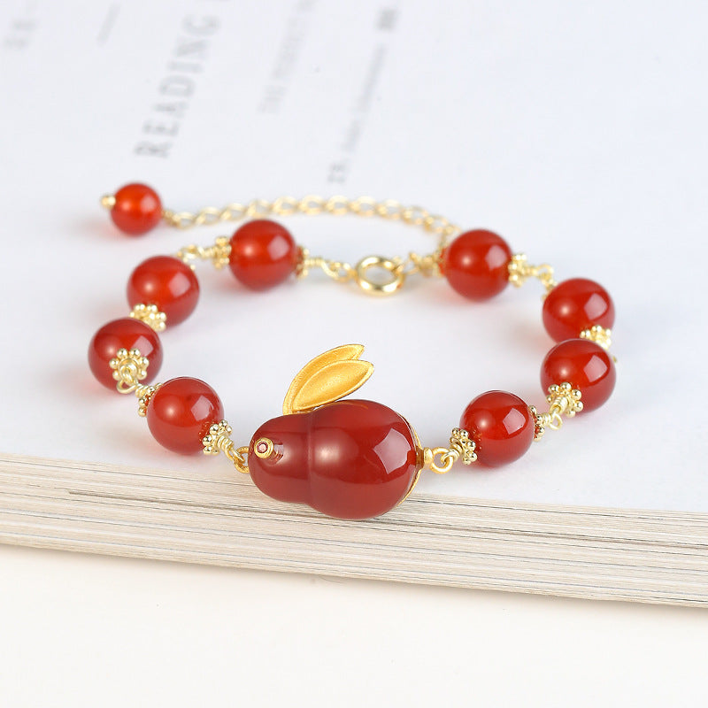 Natural Hotan Jade Rabbit Bracelet with 14K Gold Plated Red Agate Tail Chain