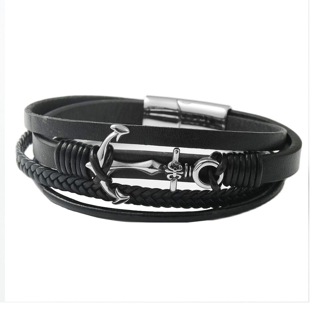 Men's Personalized Punk Titanium Steel Skull Woven Leather Bracelet