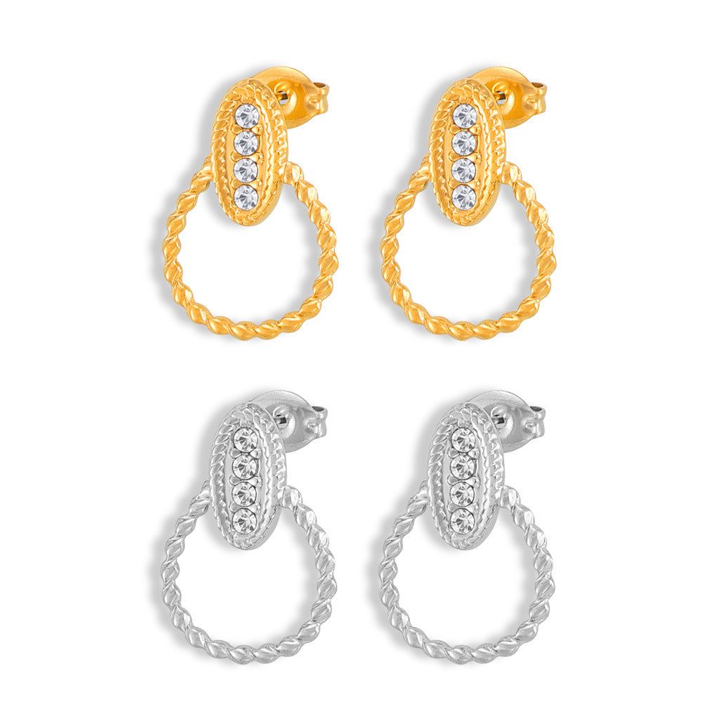 Elegant Lace Round Zircon Earrings in Gold-Plated Titanium Steel