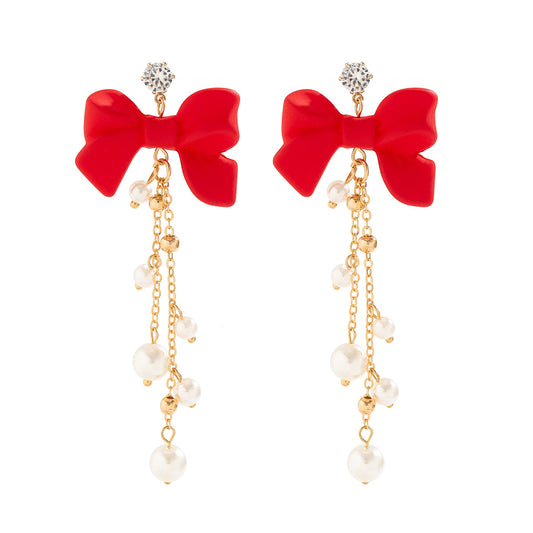 European and American Cross Border Instagram Sweet Red Bow Earrings with Elegant Imitation Pearl Tassels