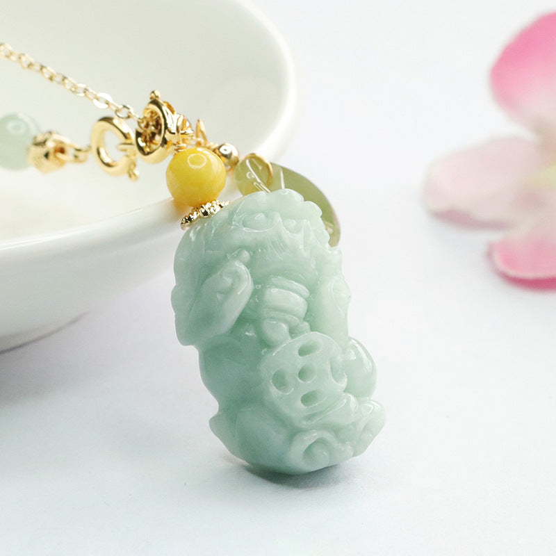 Myanmar A-grade Jade Pixiu Stone Necklace with Sterling Silver Chain