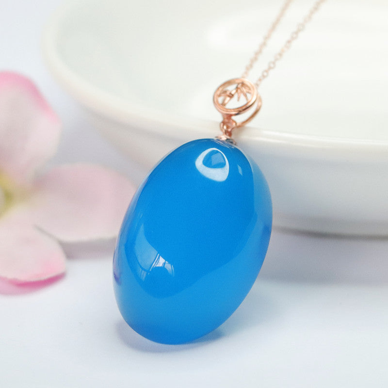 S925 Sterling Silver Blue Chalcedony Pigeon Egg Necklace with Rose Gold Accent