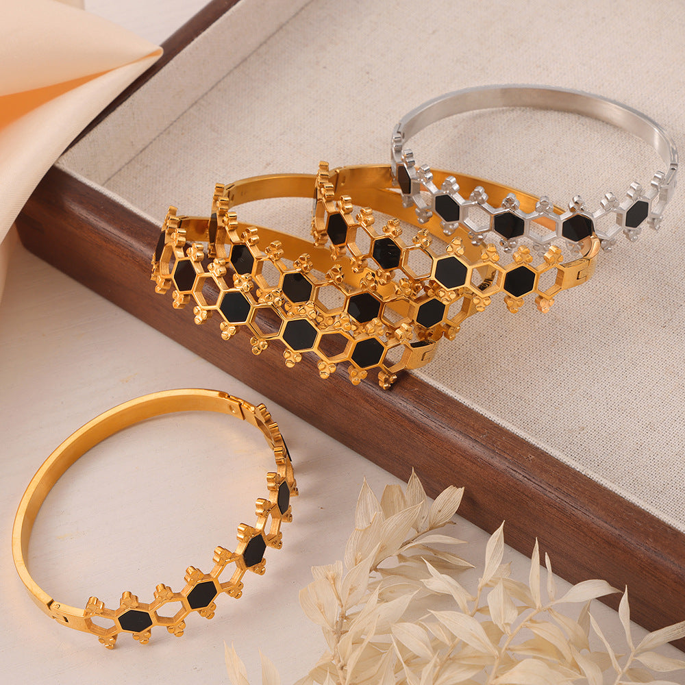 Hexagonal Acrylic Design Gold-Plated Steel Bracelet