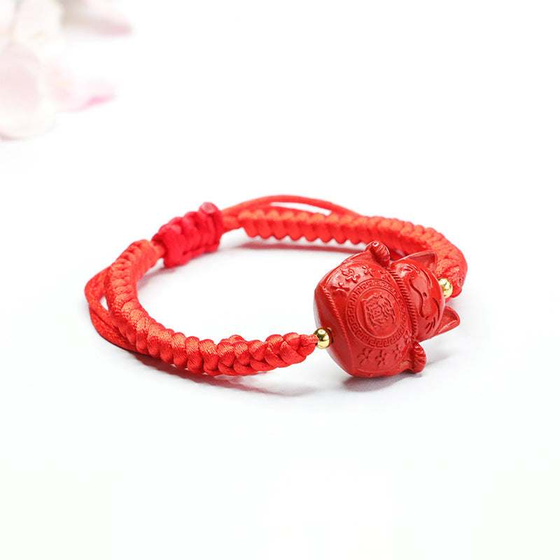 Fortune's Favor Cinnabar Red Sand Beckoning Cat Sterling Silver Bracelet