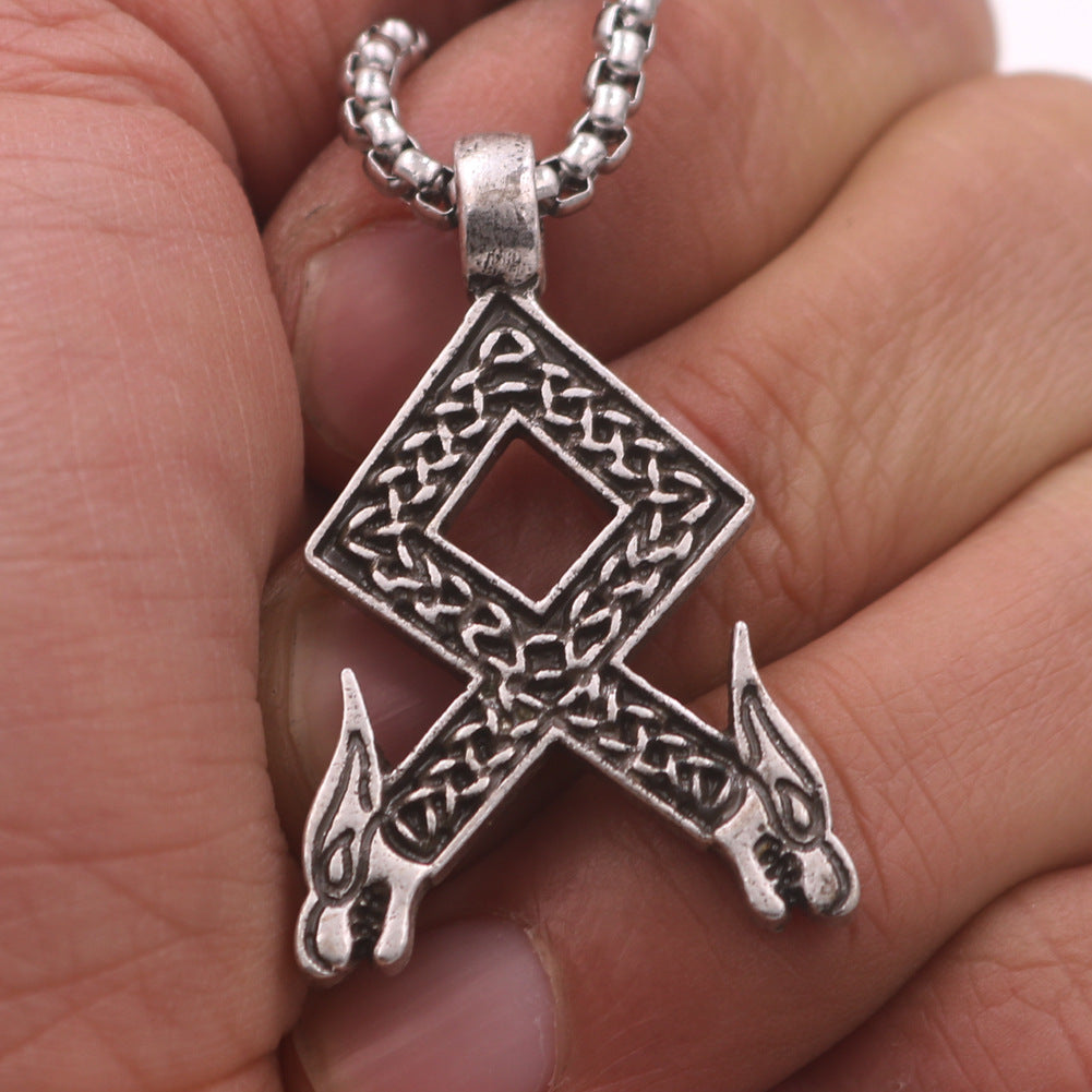 Nordic Wolf Head Rune Necklace with Titanium Steel Box Chain for Men