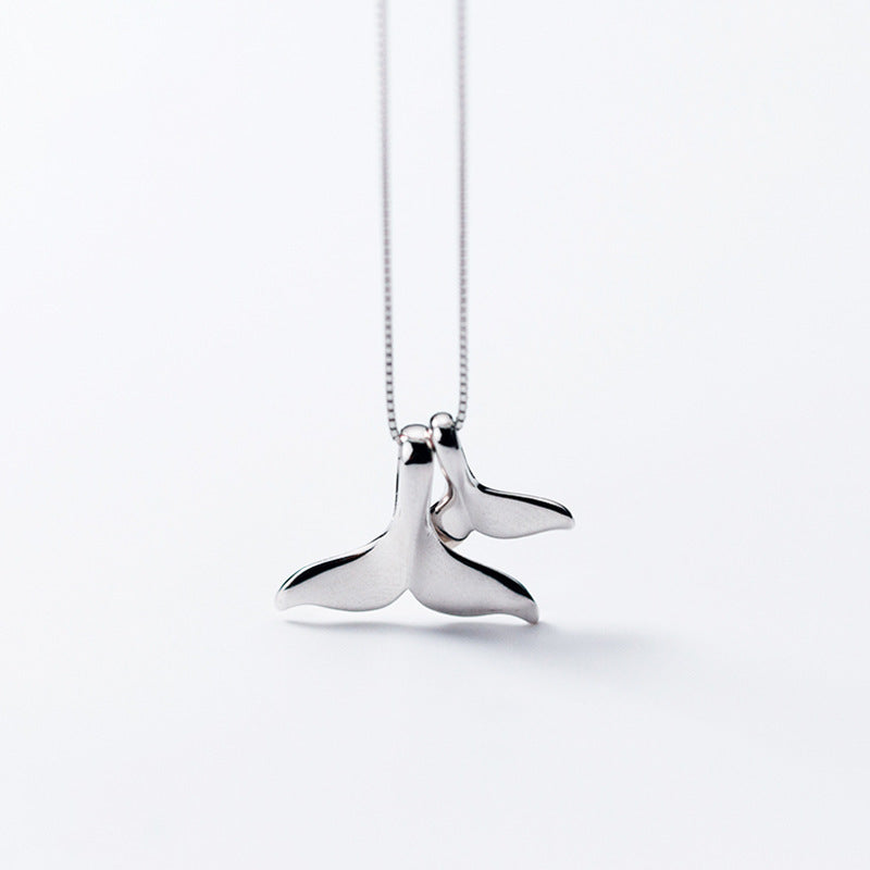 Double Dolphin Tail Pendant Silver Necklace