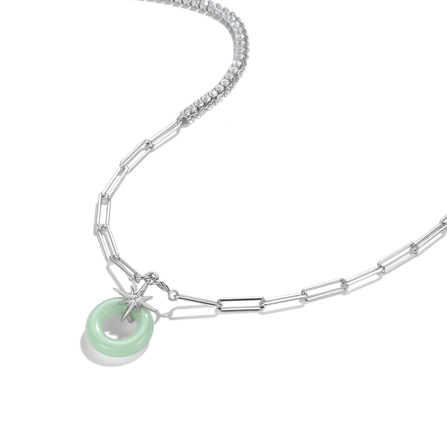 Eight Pointed Star Circular Green Jade Pendant Splicing Silver Necklace