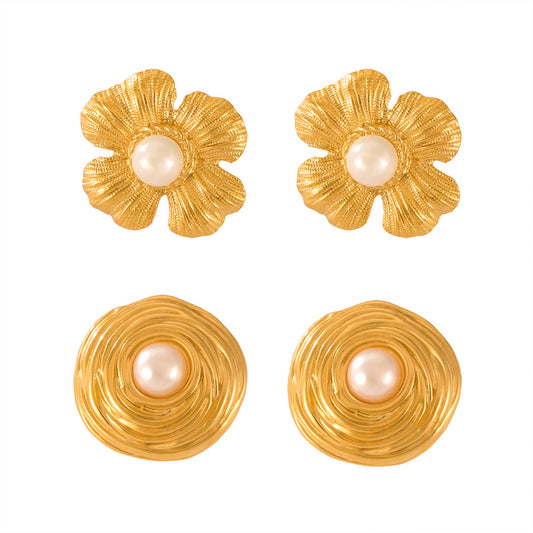 Geometric Blossom Gold-Plated Earrings with Retro Design Aesthetic