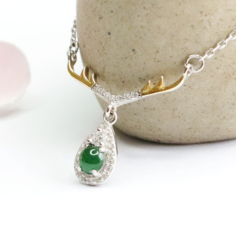 S925 Sterling Silver Elegant Water Drop Deer Necklace with Natural Ice Emperor Green Jadeite