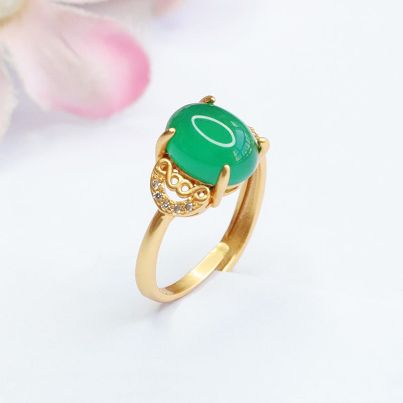 Ethnic Style Hollow Ruyi Ring with Green Chalcedony Zircon Ice Emperor Touch