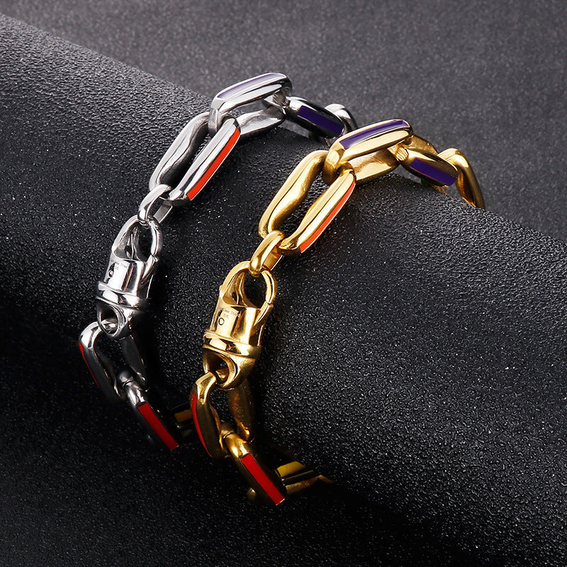 Hip-Hop Inspired Spliced Hollow Colorful Bracelet for Men - European & American Titanium Steel Square Cuban Chain