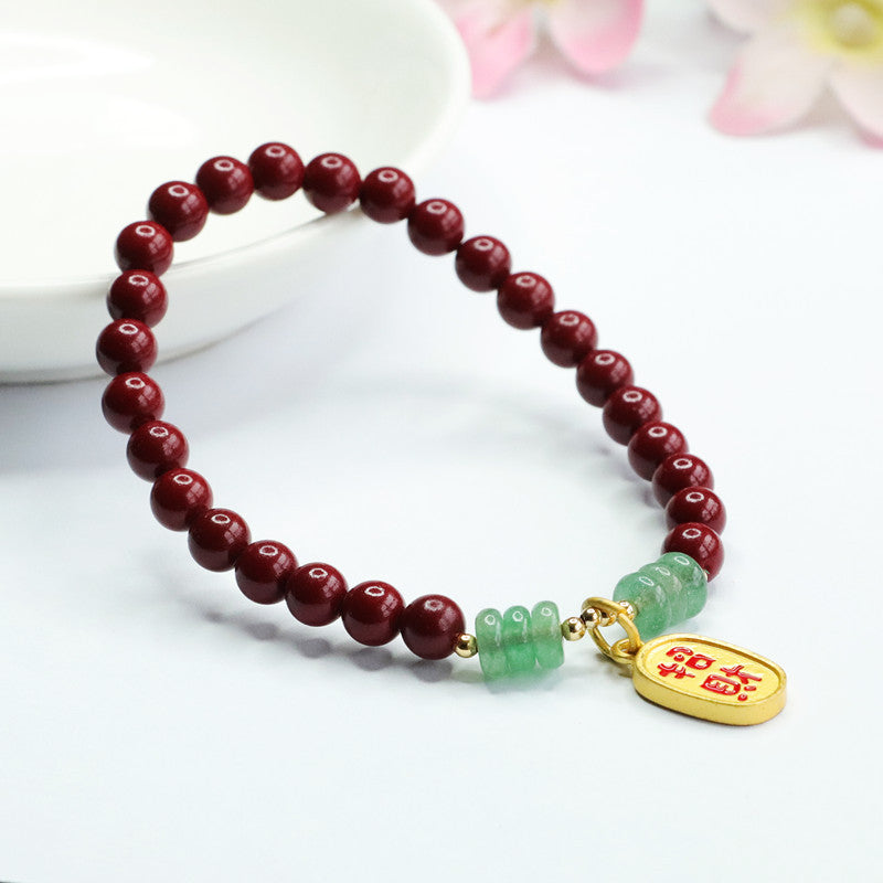 Cinnabar and Gold Sand Aventurine Jade Sterling Silver Bracelet