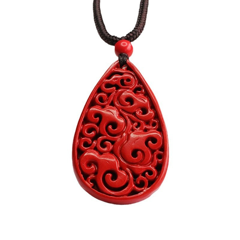 Red Sand Carving Sterling Silver Cinnabar Pendant with Auspicious Cloud and Water Drop