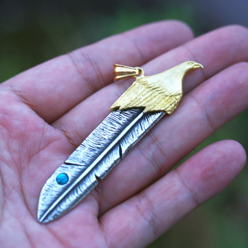 Vintage-Inspired Titanium Steel Feather Eagle Pendant with Turquoise Inlay for Men