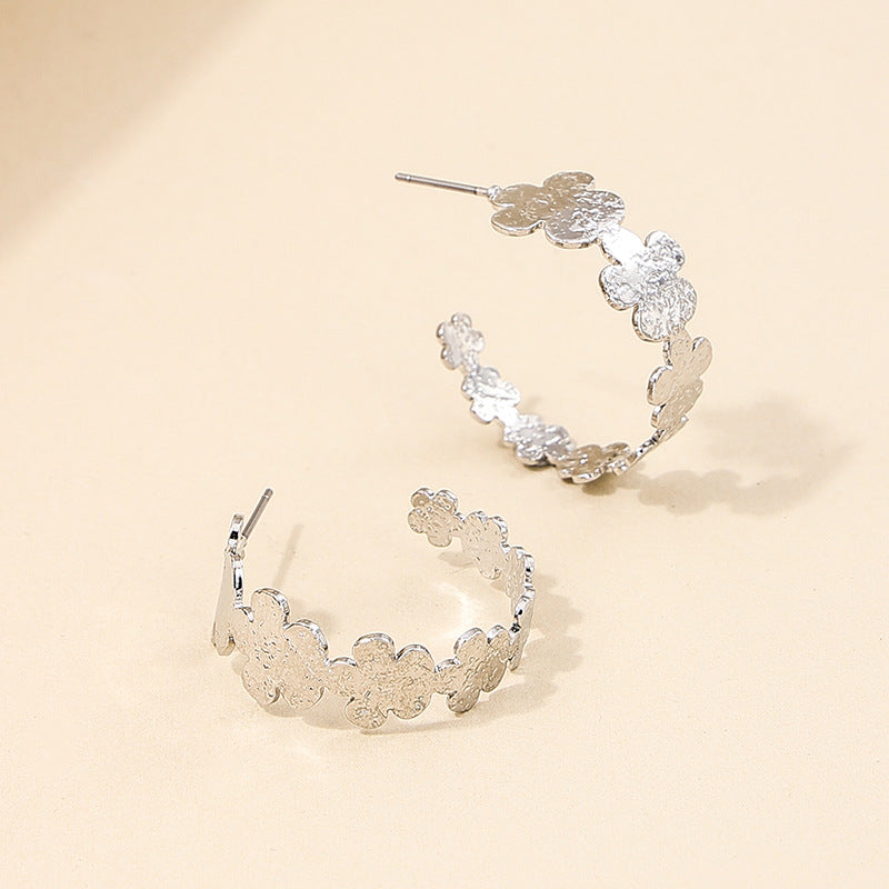 Korean Chic Circular Flower Earrings with Geometric Irregular Ear Buckle