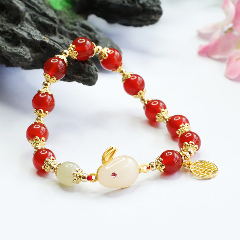 Blessed Rabbit Red Agate and Chalcedony Bracelet