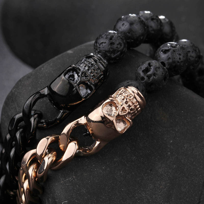 Men's Volcanic Stone Beaded Bracelet with Stainless Steel Skull Buddha Accent