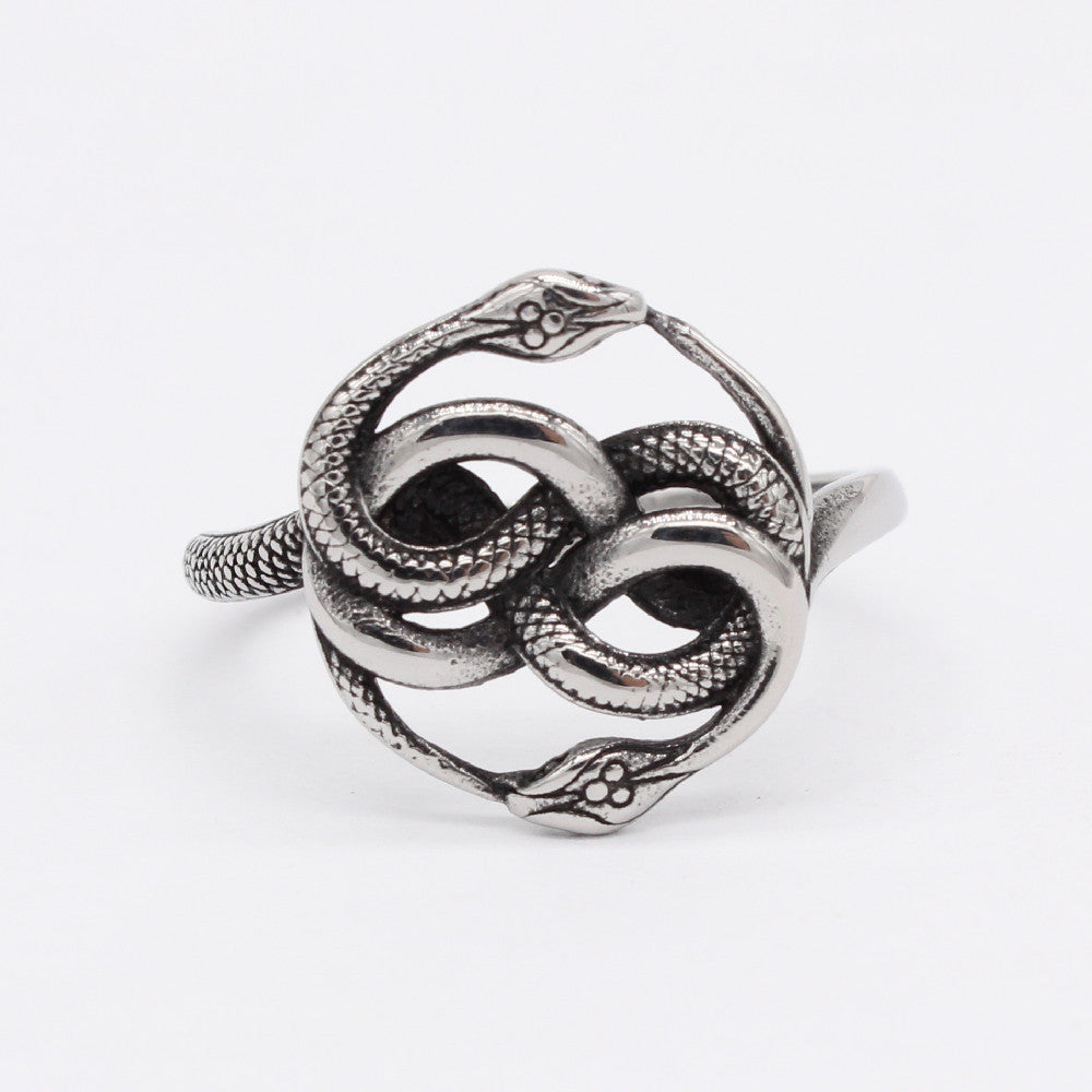 Entangled Double Ouroboros Snakes Titanium Steel Ring for Men