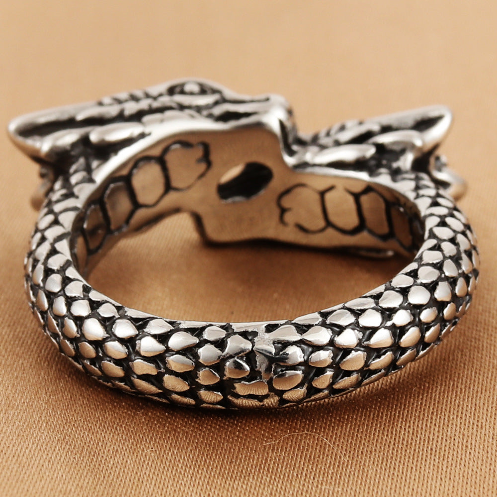 Titanium Steel Double-Headed Dragon Ring for Men - Retro Trendy European and American Jewelry