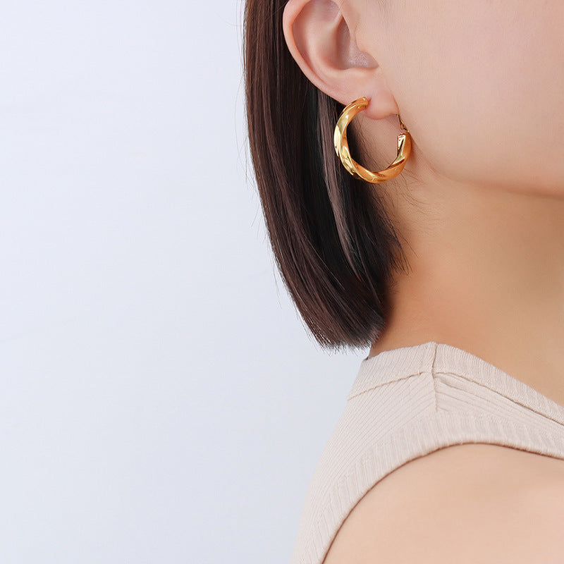 Vintage French Twist C-Shaped Earrings in 18K Gold Plated Titanium Steel