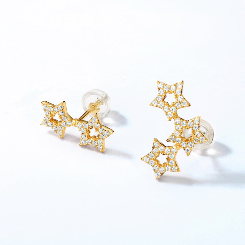 Zircon Hollow Stars Asymmetric Sterling Silver Stud Earrings