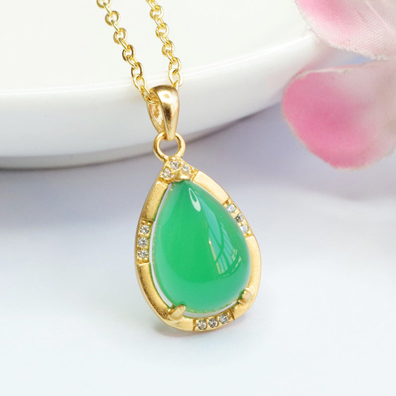 Sterling Silver Necklace with Green Chalcedony Droplet Pendant