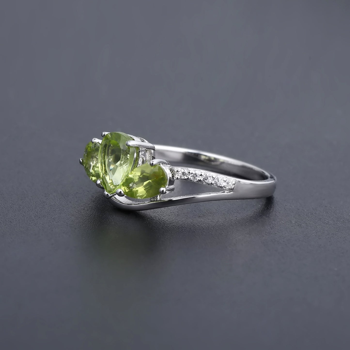 Pear Shape Natural Olivine Split Shank Silver Ring