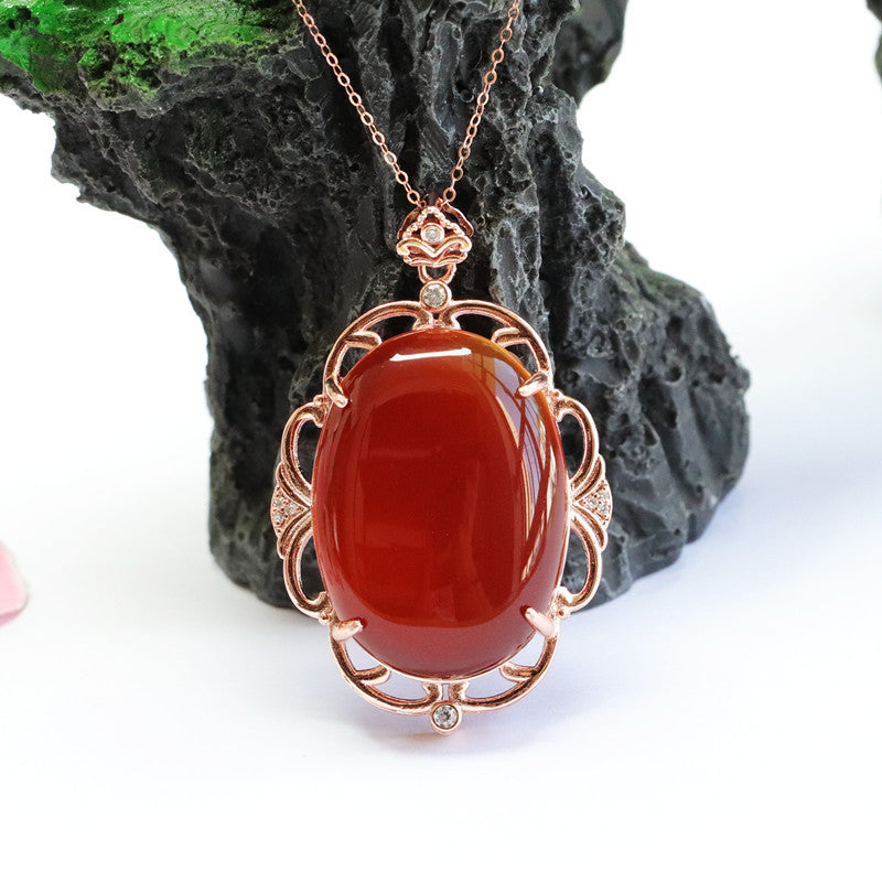 Pigeon Egg Natural Red Agate Pendant Hollow Lace Edge Rose Gold Necklace Jewelry