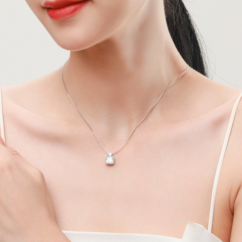 Sterling Silver Square Zircon Necklace with Snake Bone Chain