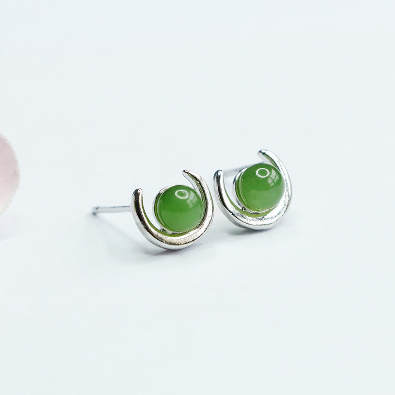 Curved Moon Earrings with Hotan Jade and Sterling Silver Needle