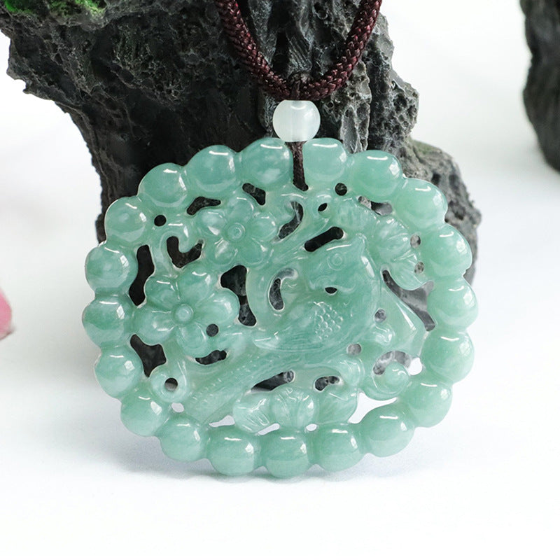 Joyful Magpie Jade Pendant with Floral Carving in Blue-Green Hollow Round Pendant