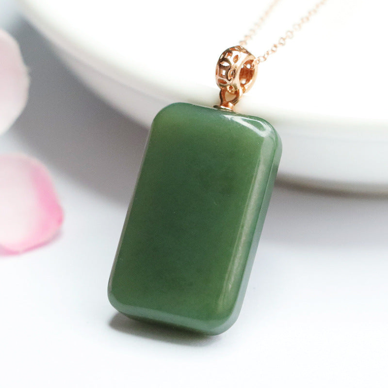 Rectangular Hetian Jade Pendant Necklace in Sterling Silver