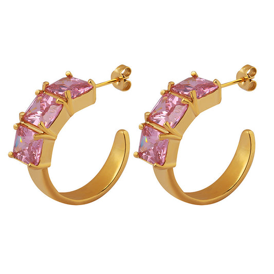 Summer Chic Pink Zircon C-Shaped Earrings with Celebrity Flair