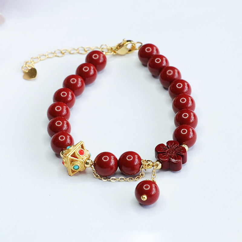 Antique Style Cinnabar Flower Bracelet with Gold Sand and Purple Accents