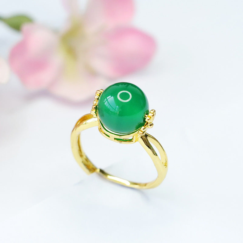 Adjustable Sterling Silver Ring with Red Agate and Green Chalcedony Gemstones