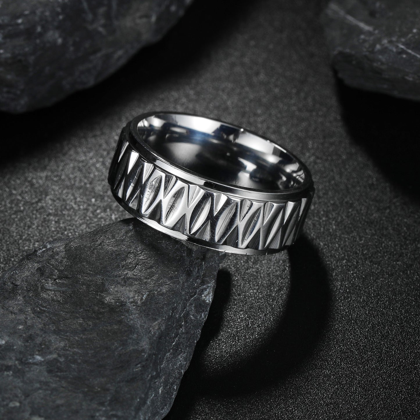 Stainless Steel Geometric Pattern Ring - Handcrafted Men's Jewelry