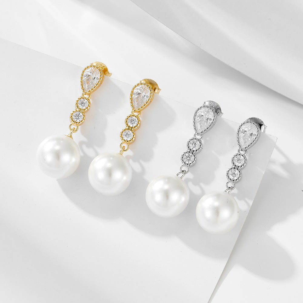 Long Style Zircon Round Pearl Sterling Silver Drop Earrings