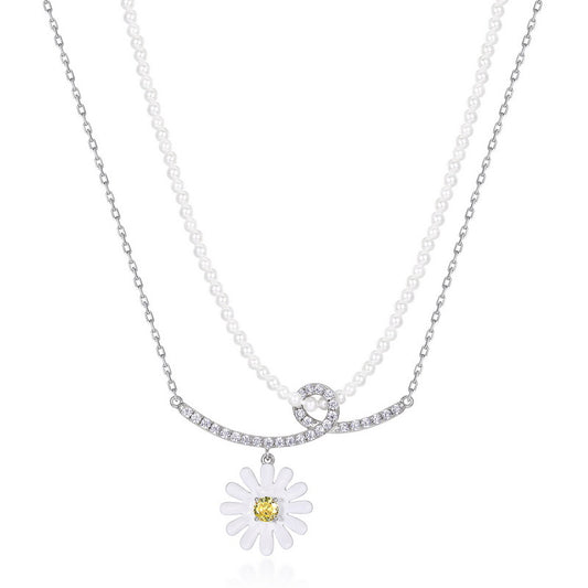 Little Daisy Zircon Pendant Pearl Chain Double Layers Sterling Silver Necklace