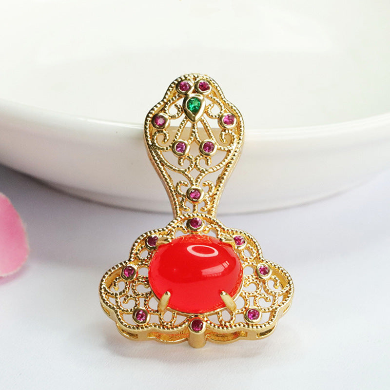 Auspicious Cloud Ruyi Golden Pendant with Ice Green Chalcedony and Red Agate in Ethnic Style